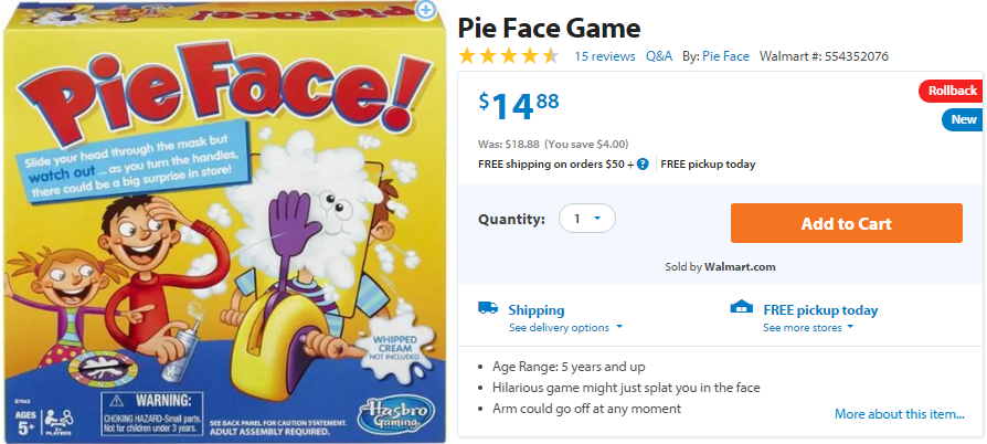 pie face game at walmart
